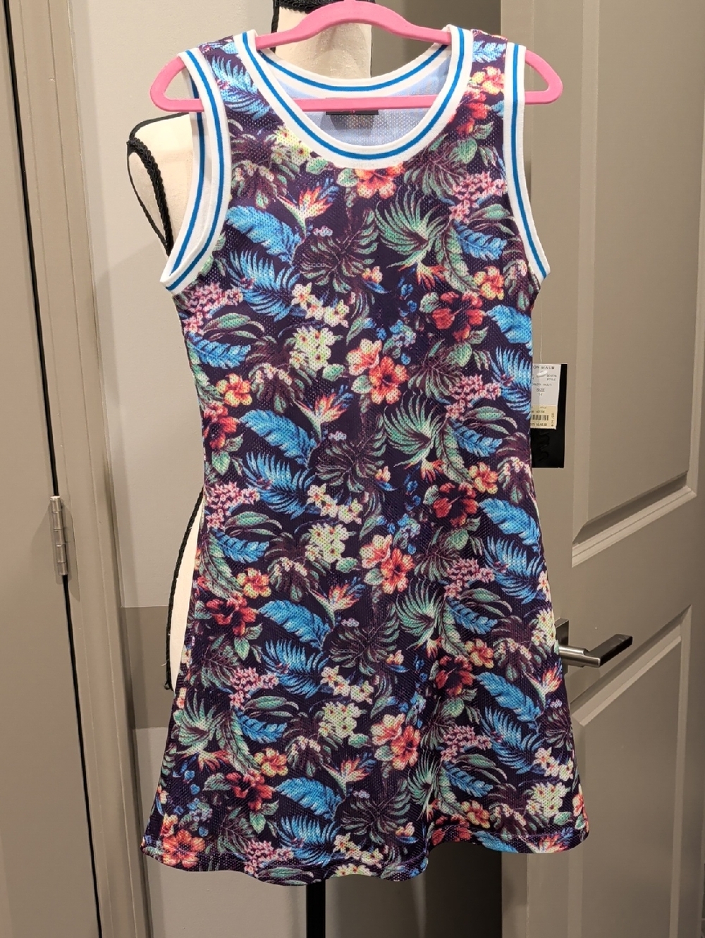 Tropical Floral Mesh Tank Dress in Navy & Bright Blue
